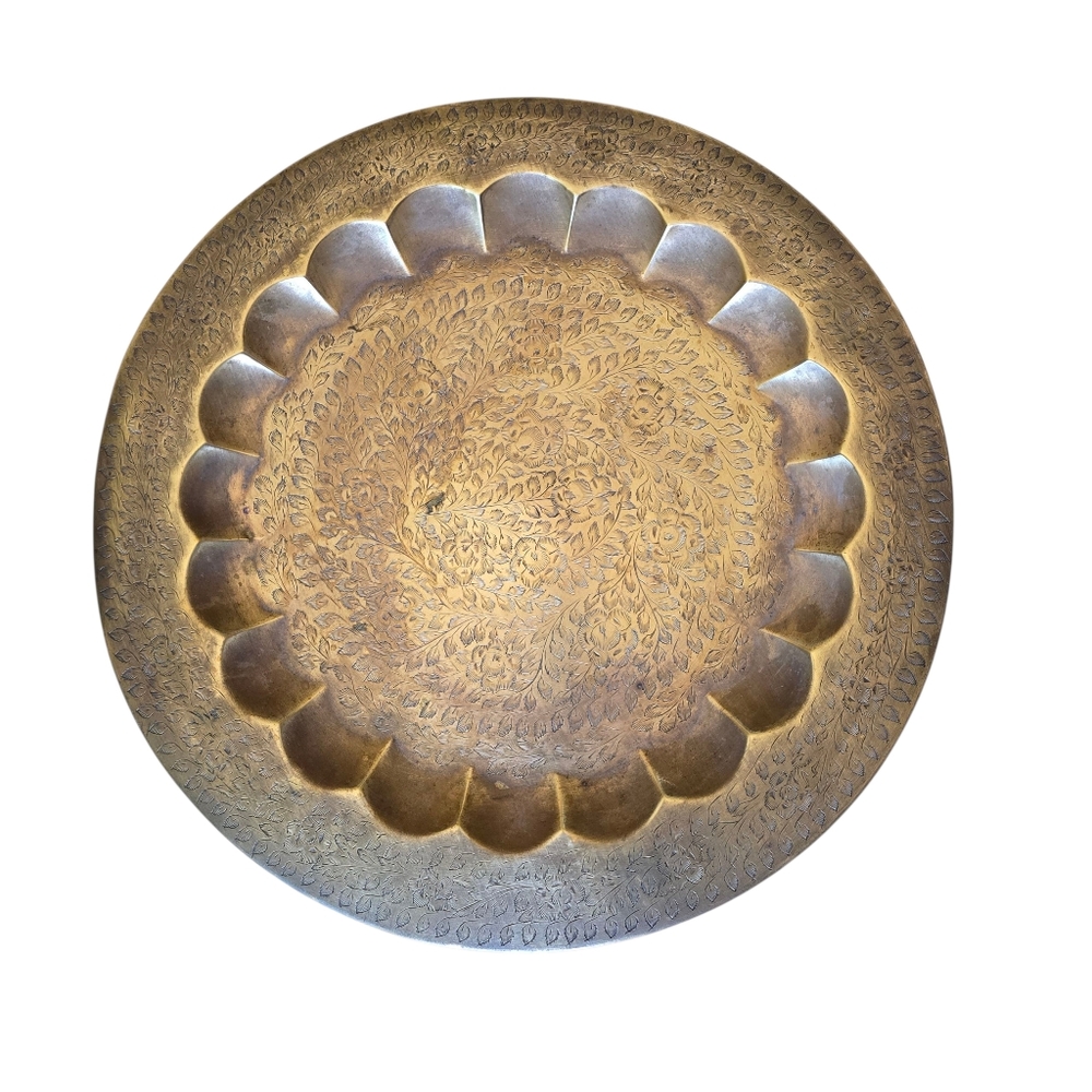 Engraved Middle Eastern Antique Brass Moroccan Tray Plate 17" Vintage Wall Decor